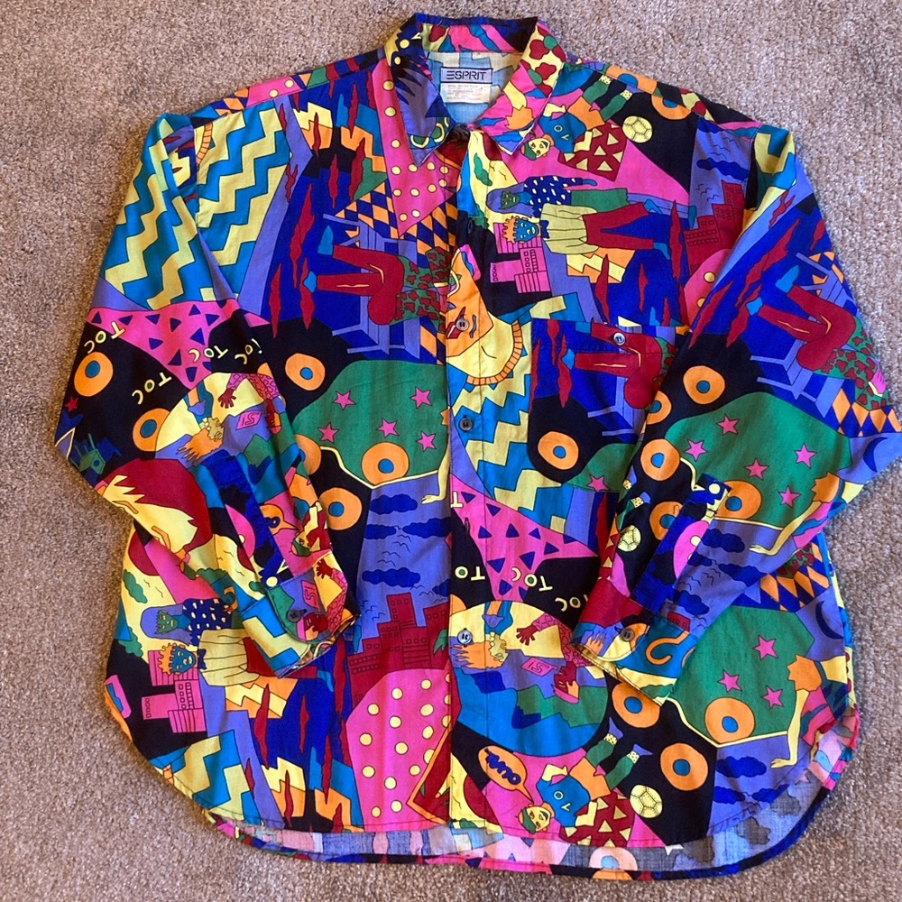 Vintage 80’s Esprit Pop Art Novelty Faces Colorful New Wave Shirt Size L Rare - Picture 9 of 11